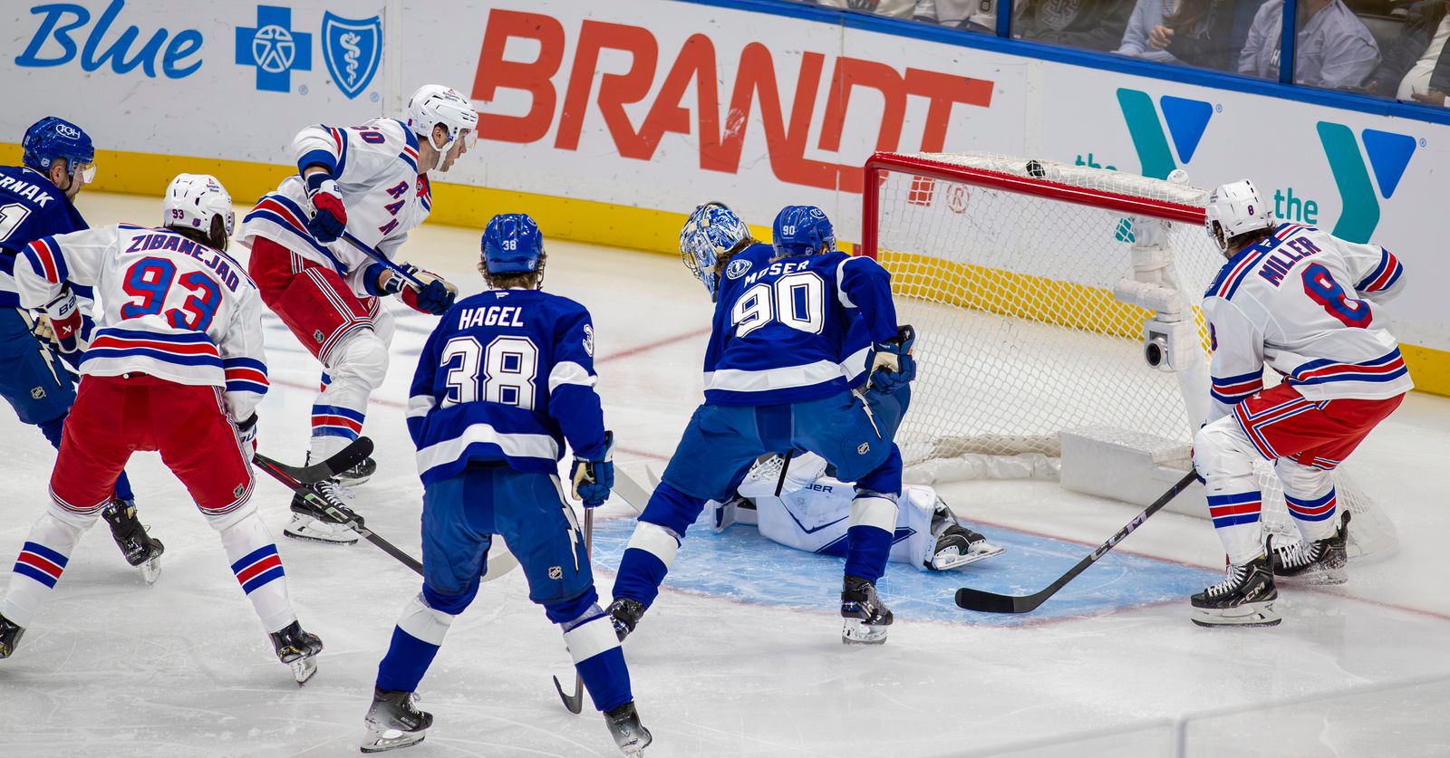 The Rangers attack the Lightning net during the November 12, 2025 game at Benchmark International Arena in Tampa.