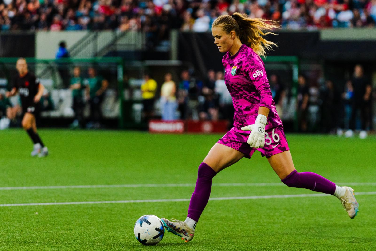 Denver Summit goalkeeper Kat Asman (No. 36) plays the ball out of the back during her first career NWSL start on August 22, 2026 at Providence Park.