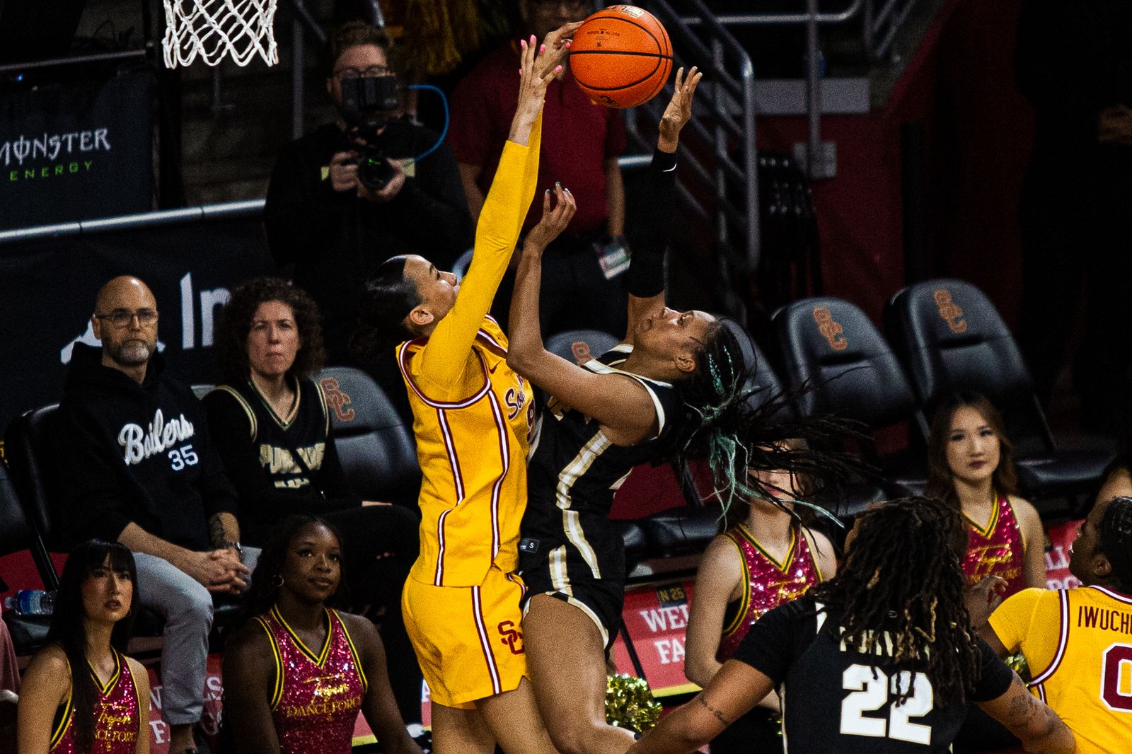 USC guard Kara Dunn shoots over a Purdue defender during the January 18, 2026 game at the Galen Center in Los Angeles.