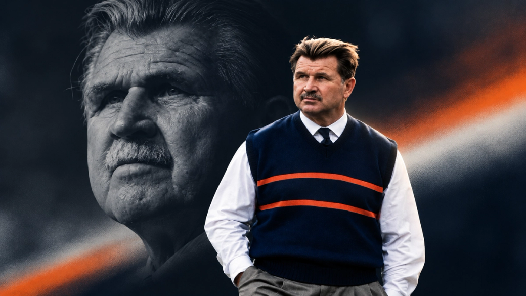 Mike Ditka in a navy sweater vest with orange stripes on the Bears sideline, with a black-and-white portrait of him in later years behind him