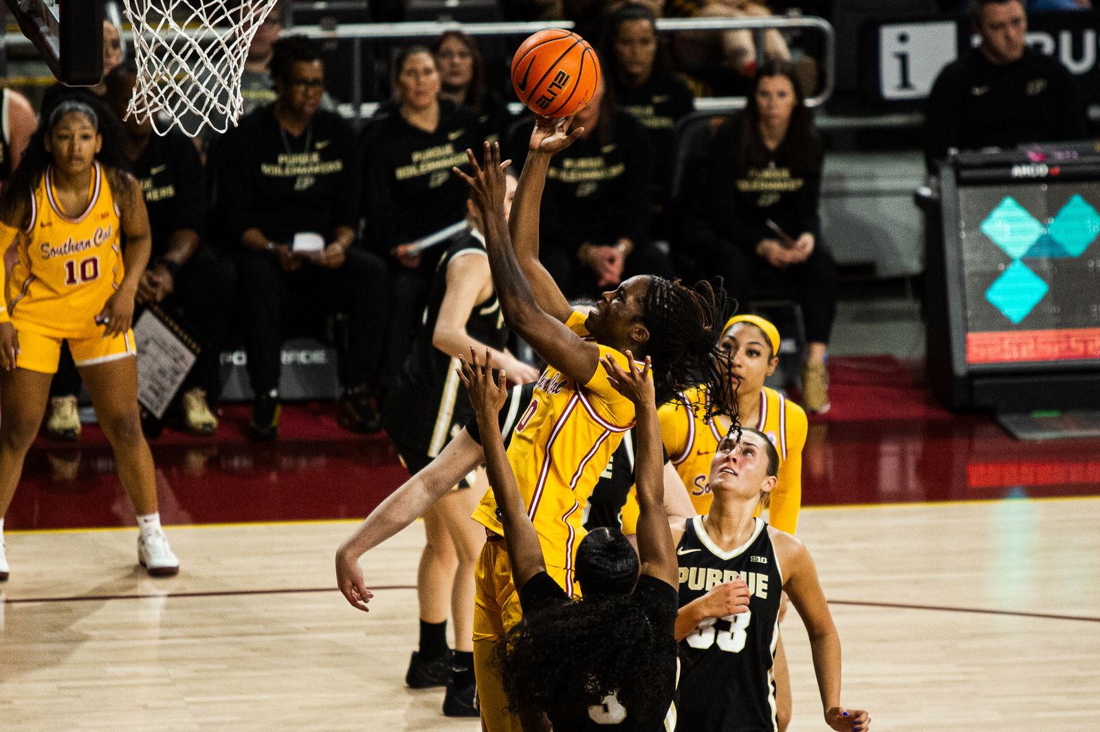 USC and Purdue players battle under the basket during the January 18, 2026 game at the Galen Center in Los Angeles.