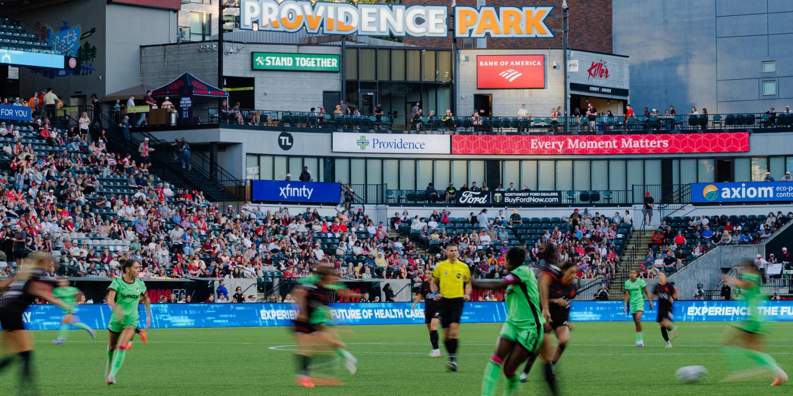 Wide action of Boston Legacy vs Portland Thorns at Providence Park — Photo Credit: Aaron Leopold/Undrafted