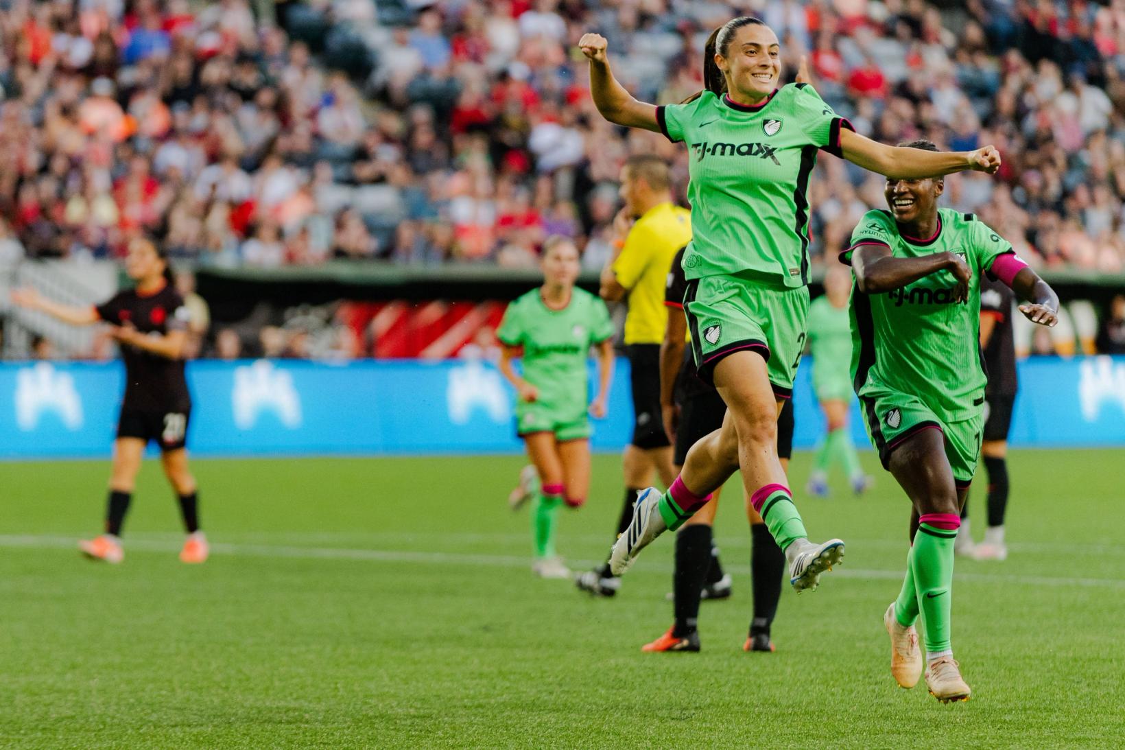 Boston Legacy player jumps in celebration at Providence Park — Photo Credit: Aaron Leopold/Undrafted