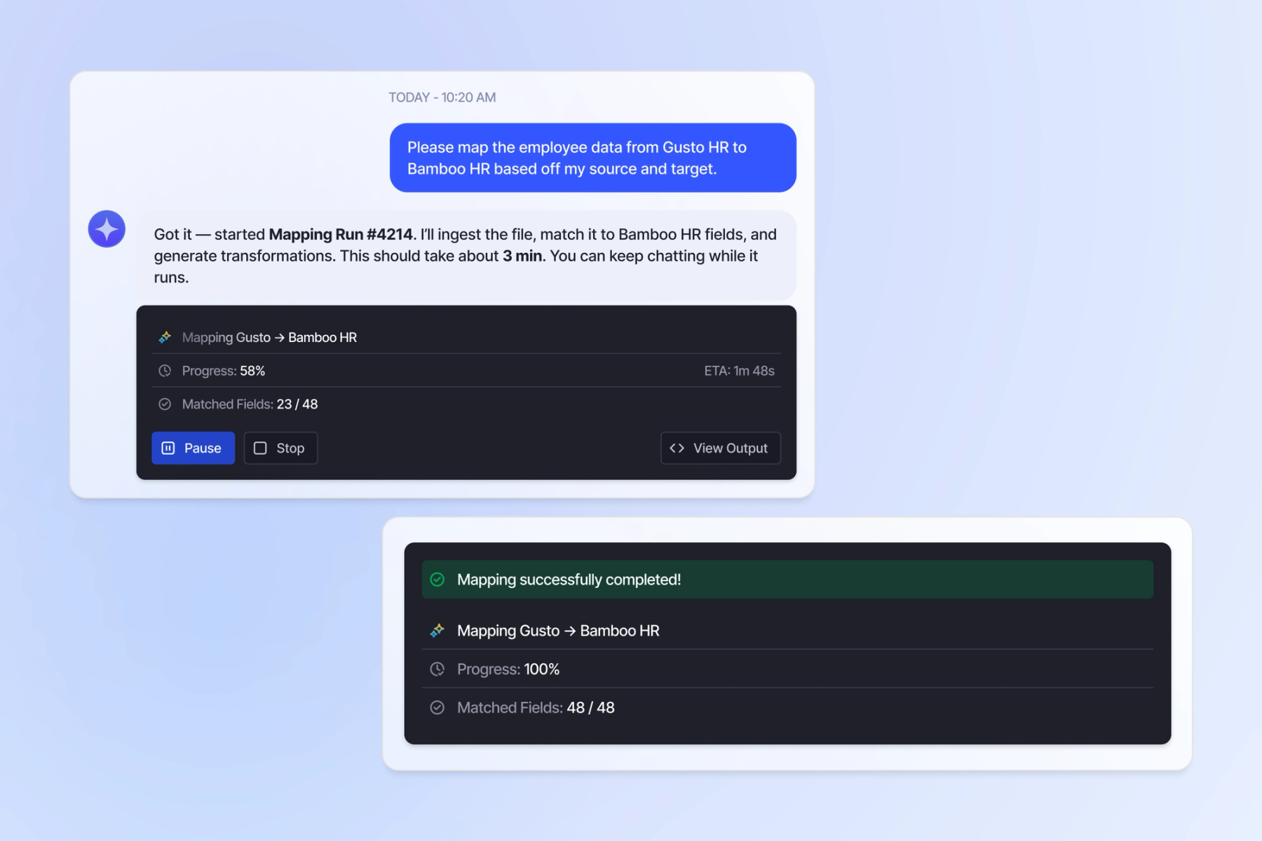 Excerpted portions of a conversation with the AI data mapper in Adeptia Automate