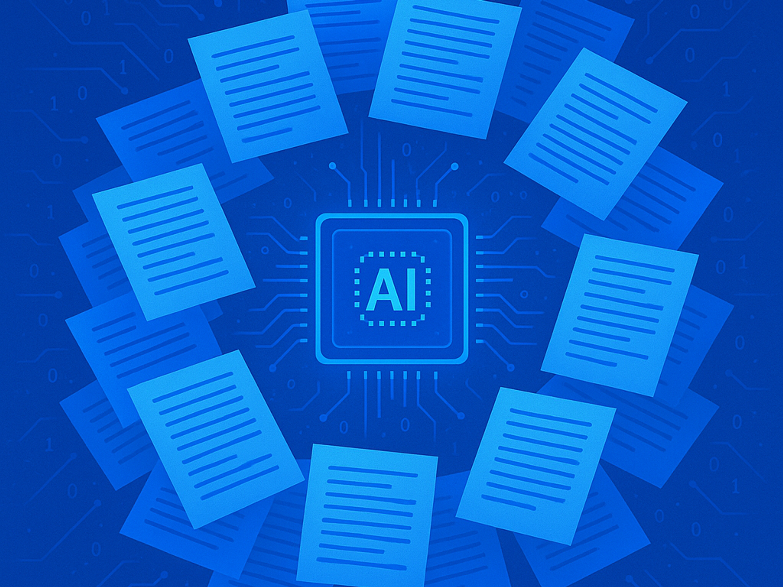 AI icon surrounded by papers