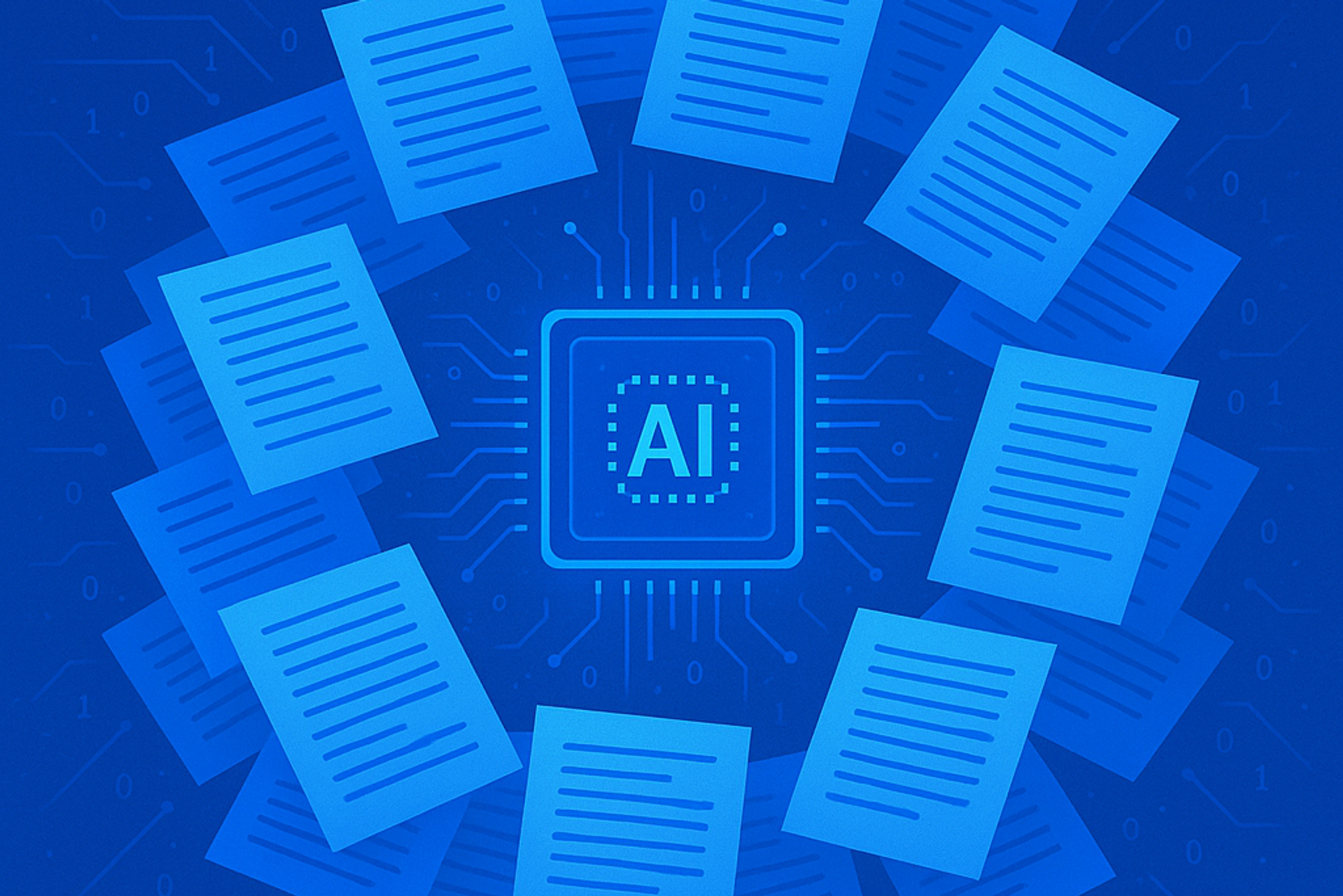 AI icon surrounded by papers