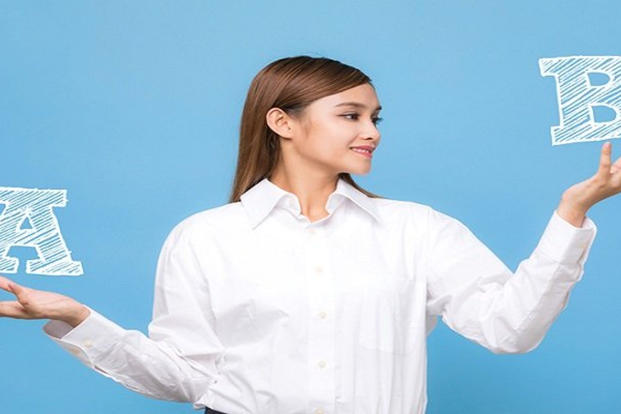 Young woman comparing A with B.
