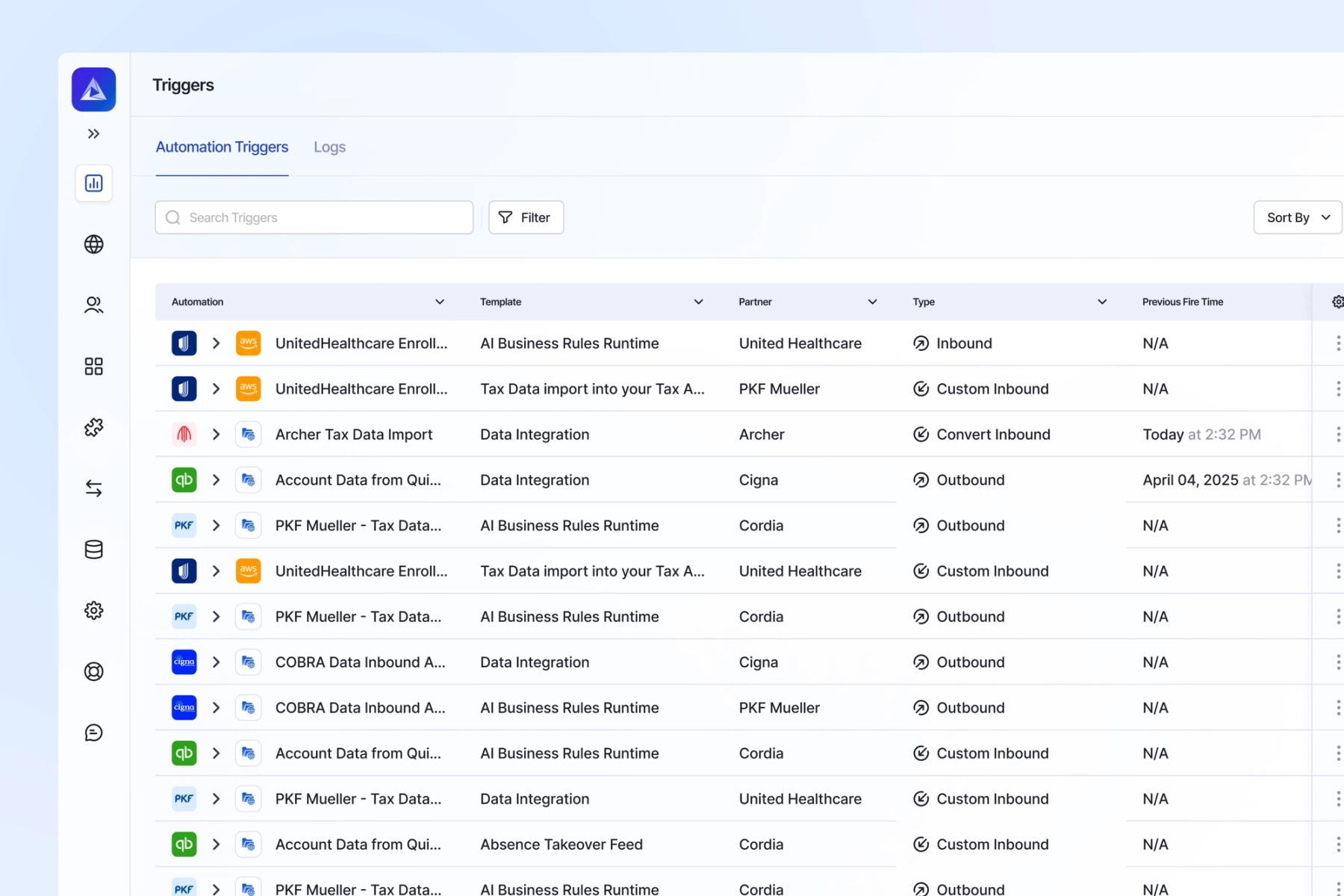 A screen displaying automation triggers within the Adeptia Automate platform