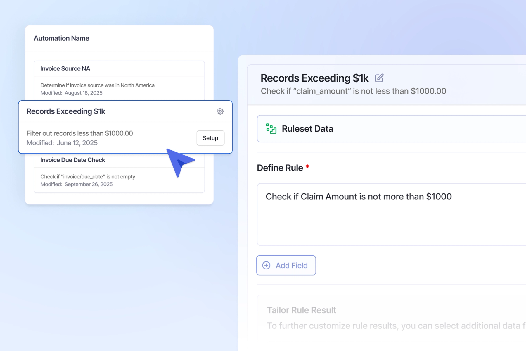 Selecting rule for creating new business rules in the Adeptia Automate platform