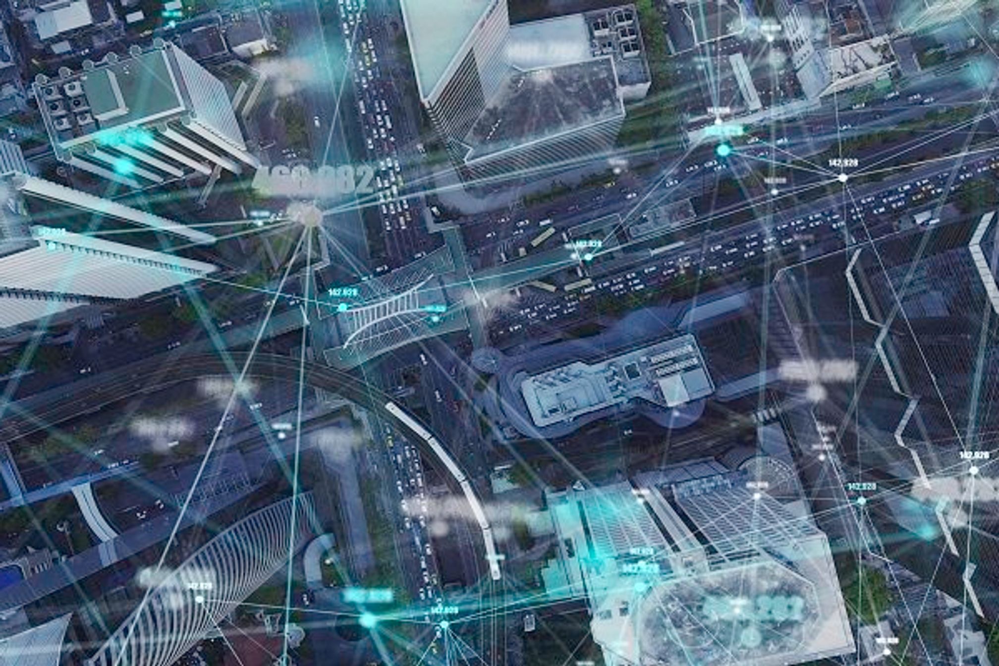 Data network connection double exposure with Aerial view city in 3d space Futuristic digital Abstract background for Business  and technology