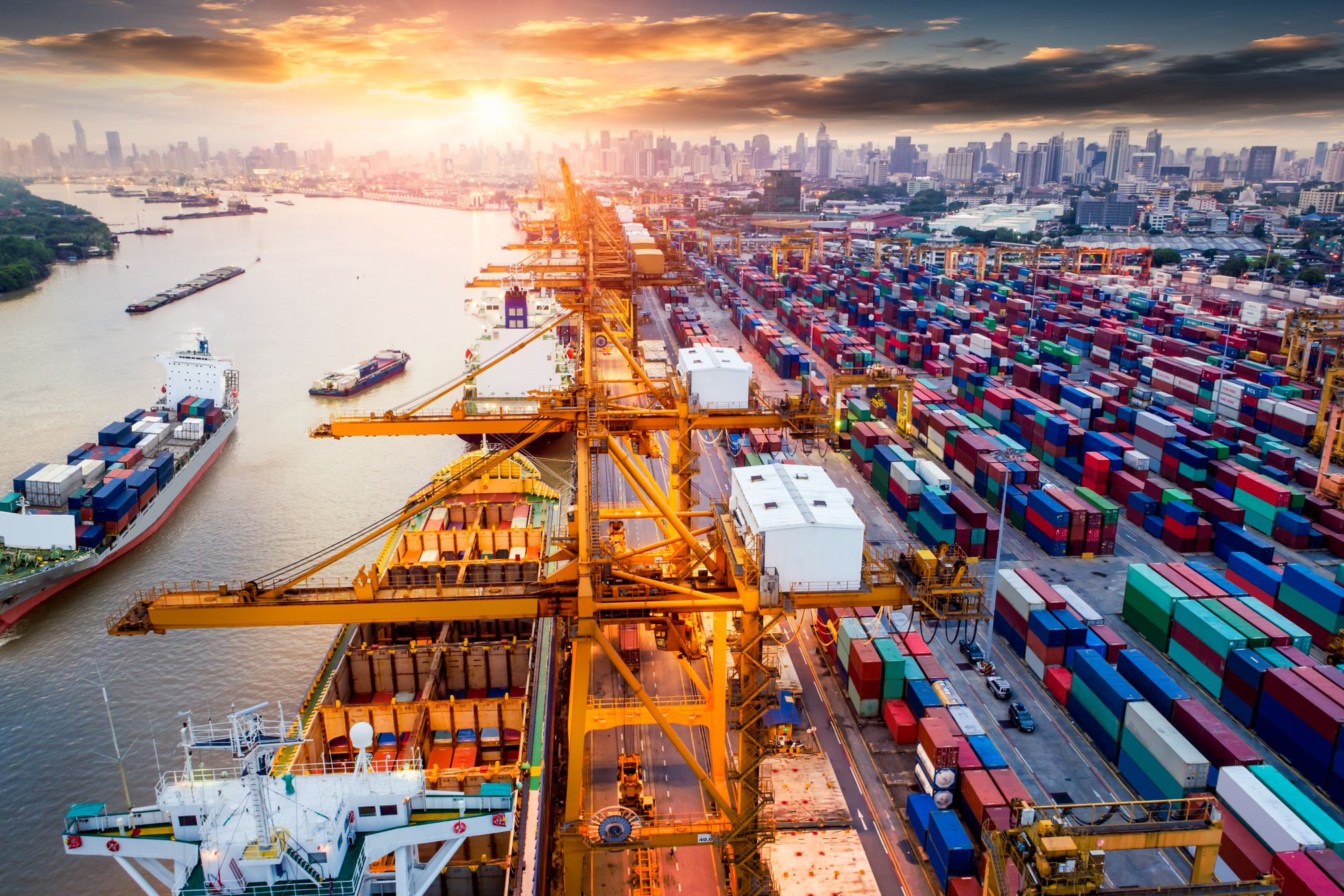 Seaport with cranes for moving boxes