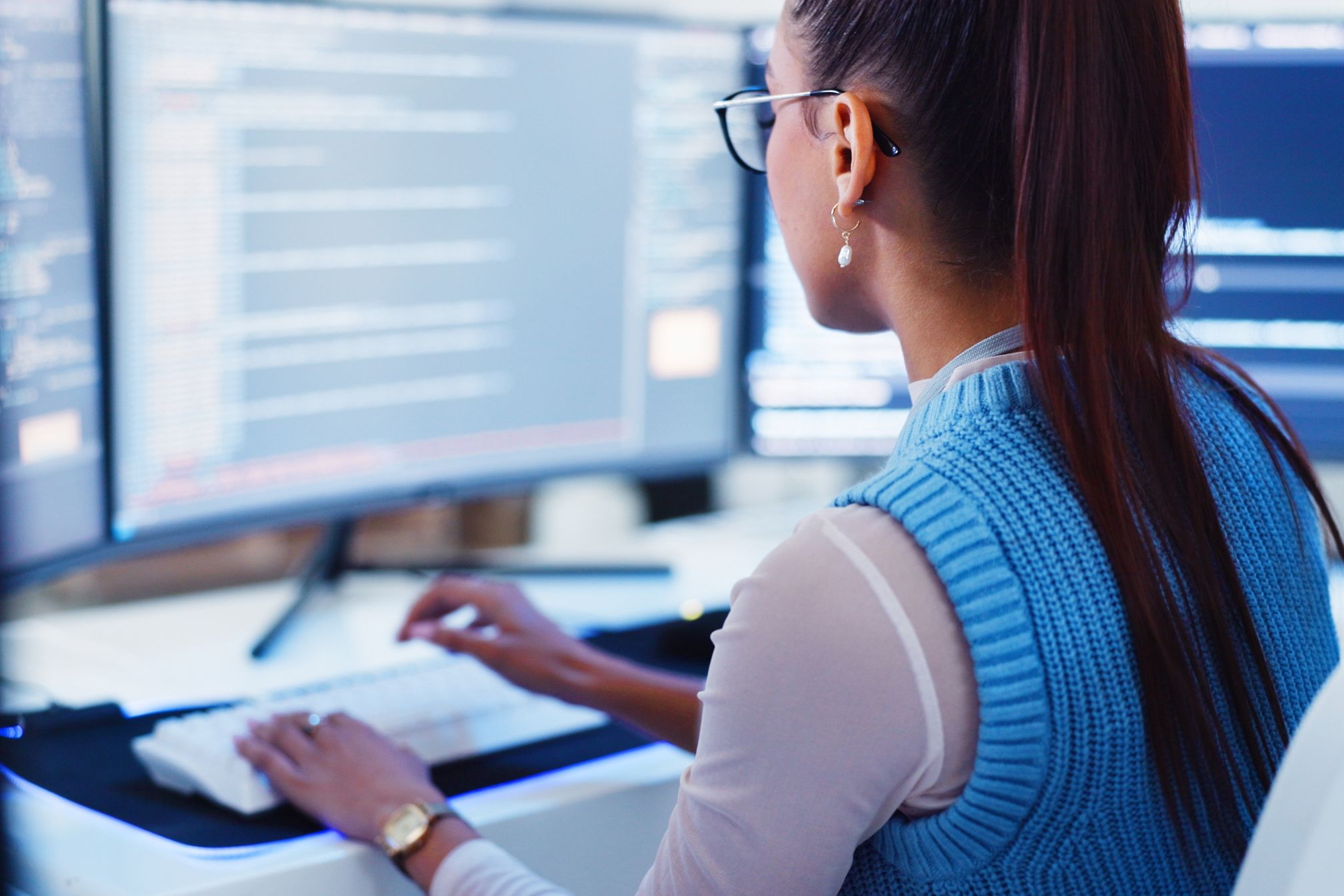 Programming,,Woman,And,Typing,On,Computer,For,Software,Development,,Cloud