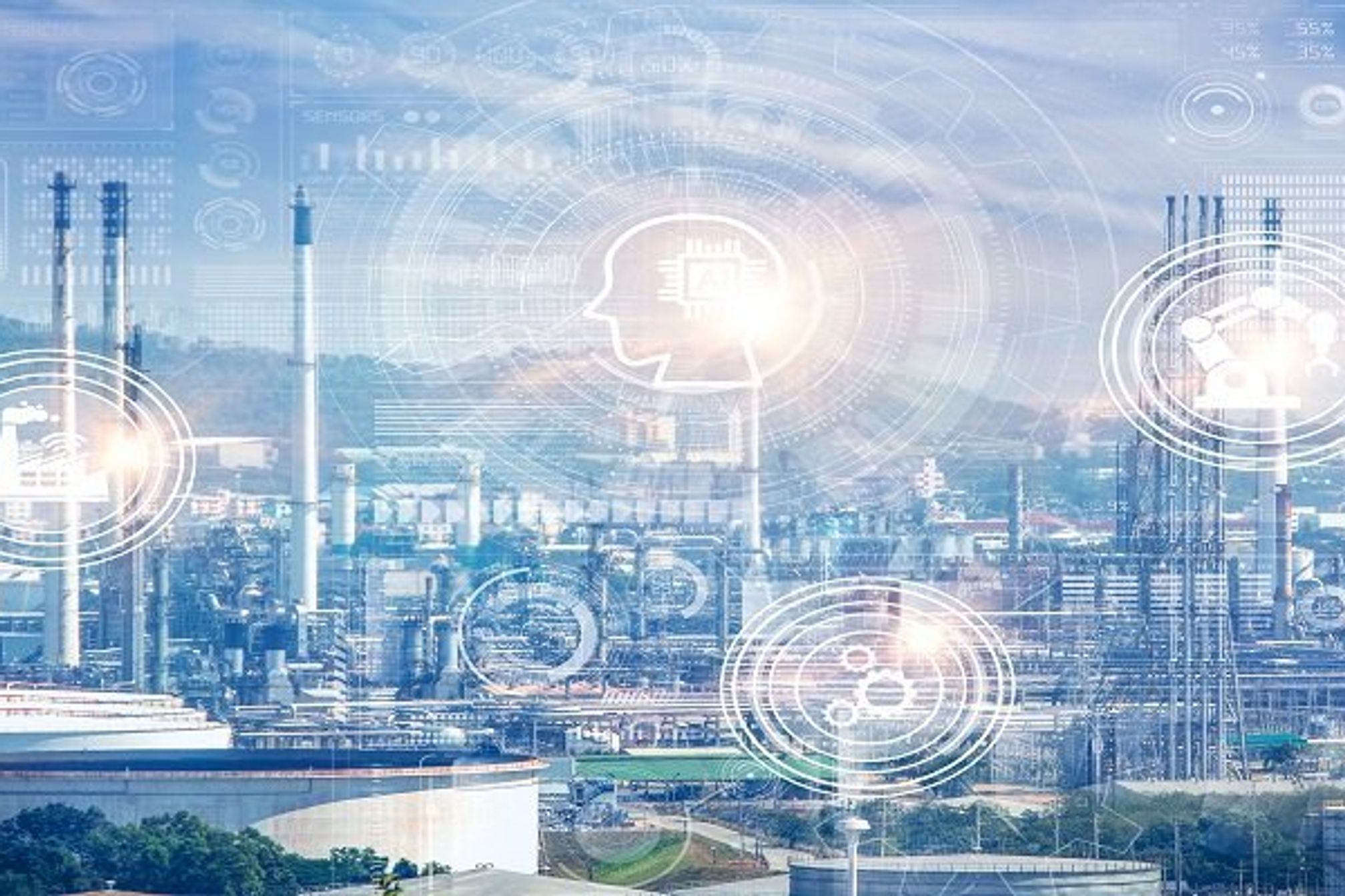 Industrial instruments in the factory with cyber and physical system icons,smart factory with icon, Industry 4.0 concept