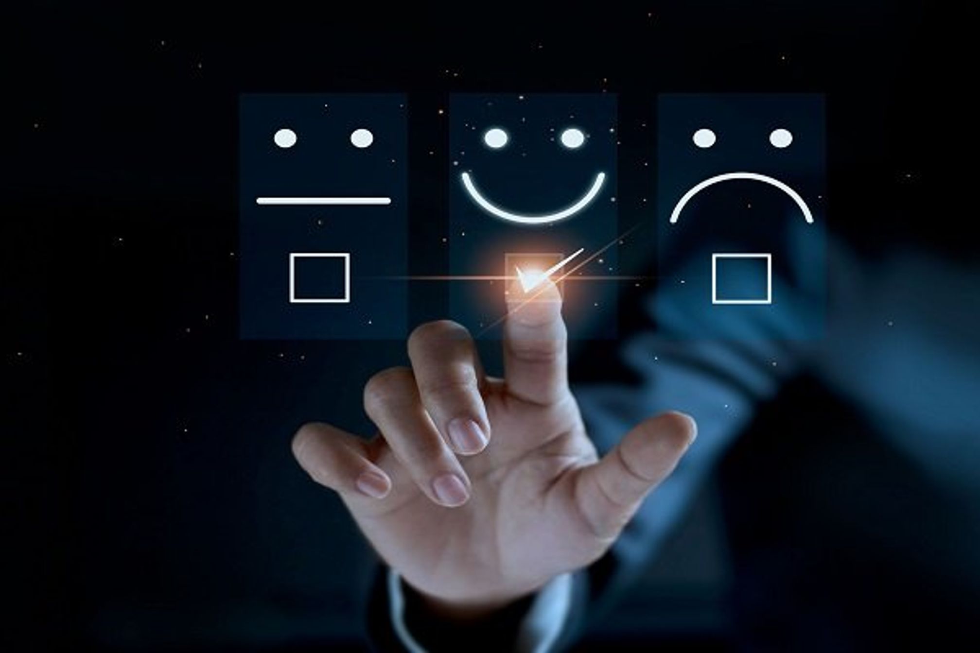 Finger of businessman touching and check mark icon face emoticon smile on dark background, service mind, service rating. Satisfaction and customer service concept