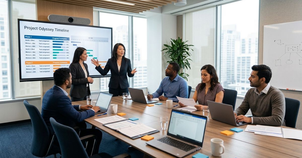 Proposal team collaborating around a conference table with a project timeline displayed on a wall screen