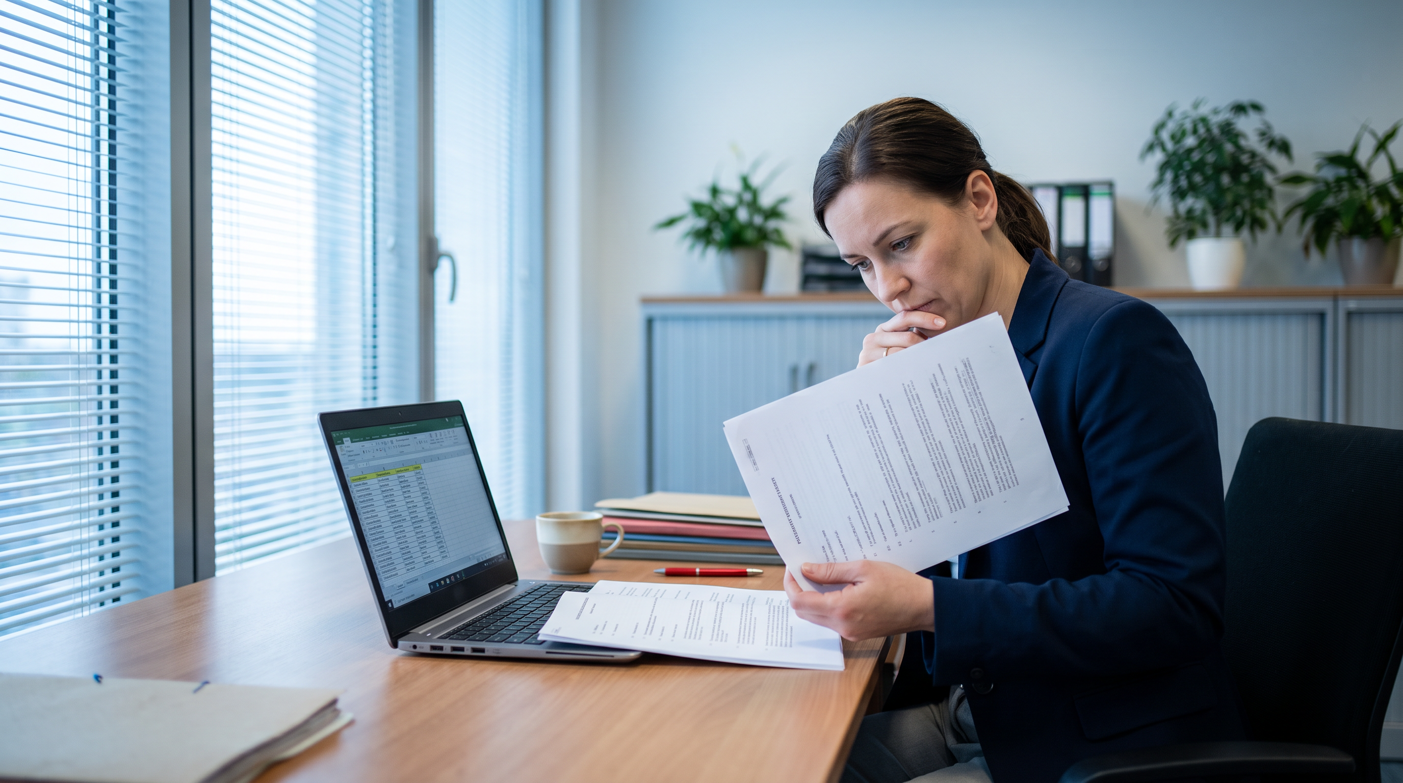Procurement officer in business attire reviewing a printed justification memo at a desk