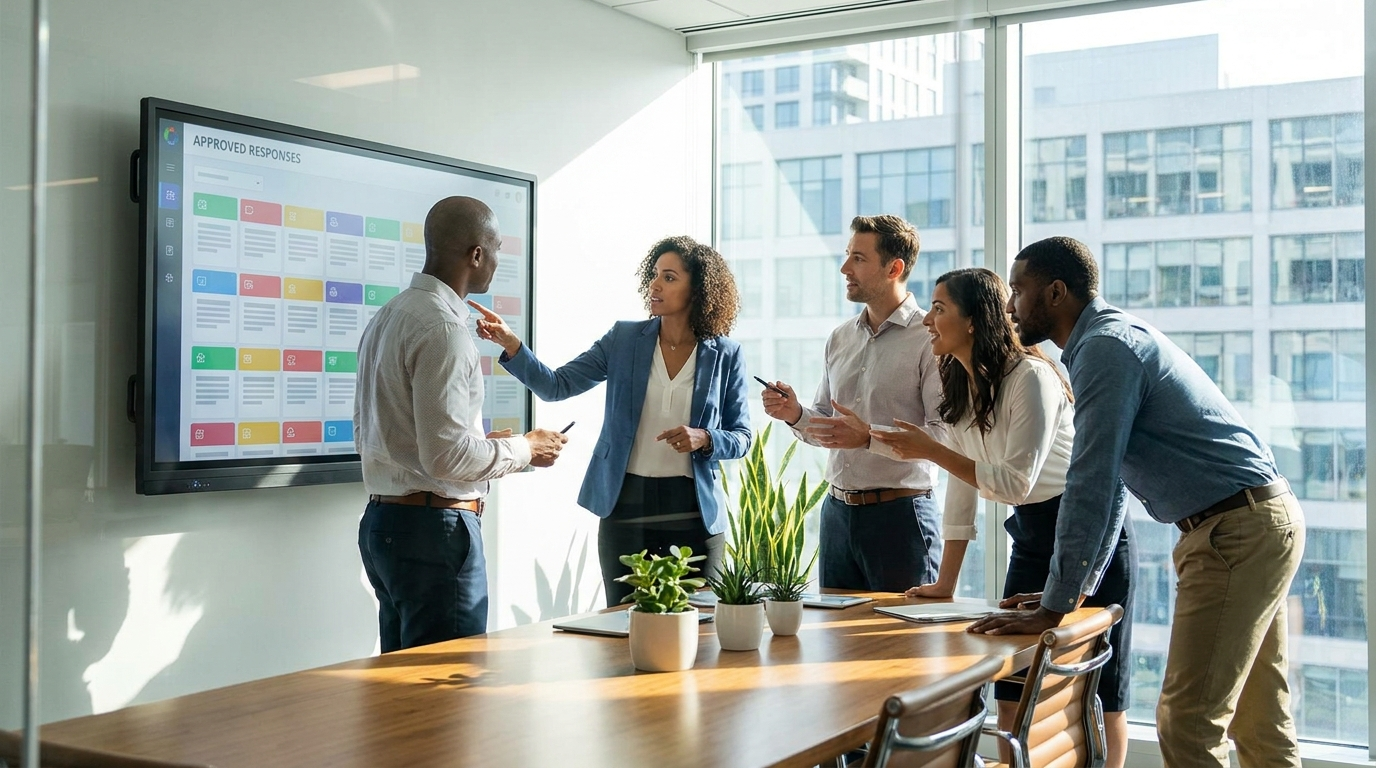 Team collaborating around a shared digital answer library on a large screen in a meeting room