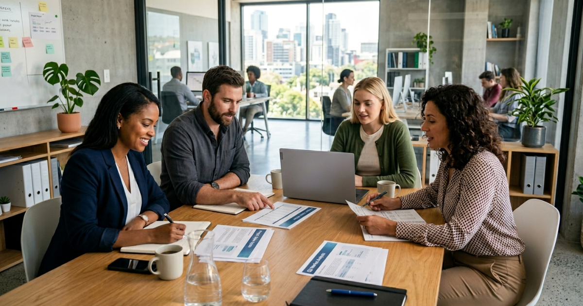 Four colleagues reviewing proposal documents together at a conference table with a laptop open