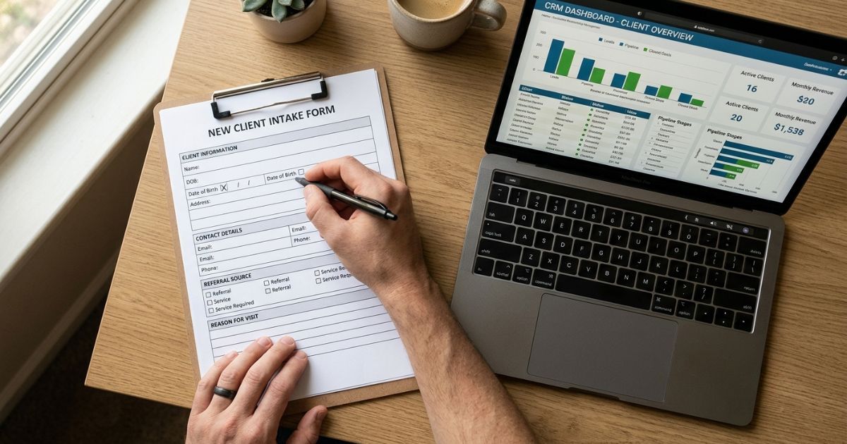 Hand completing a structured intake checklist beside a laptop showing a CRM dashboard