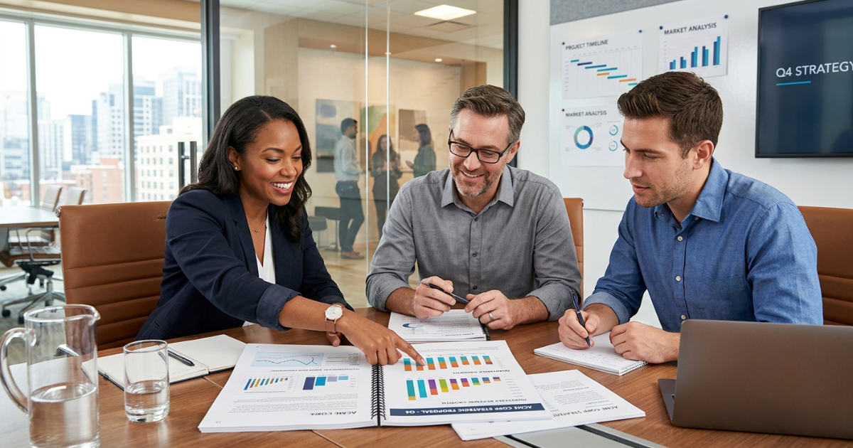 Three colleagues reviewing a printed proposal with charts and graphs at a conference room table