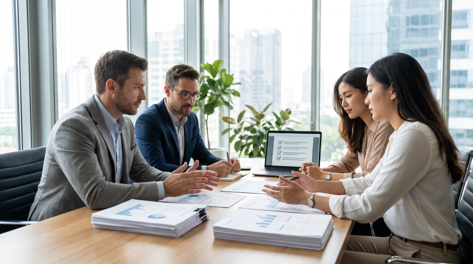 Proposal team around a conference table reviewing printed tender documents and a laptop checklist