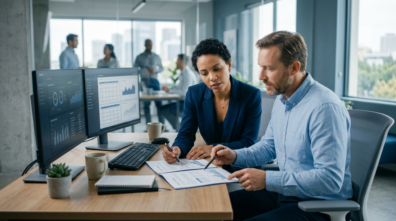 Two colleagues comparing vendor documents at a desk with dual monitors