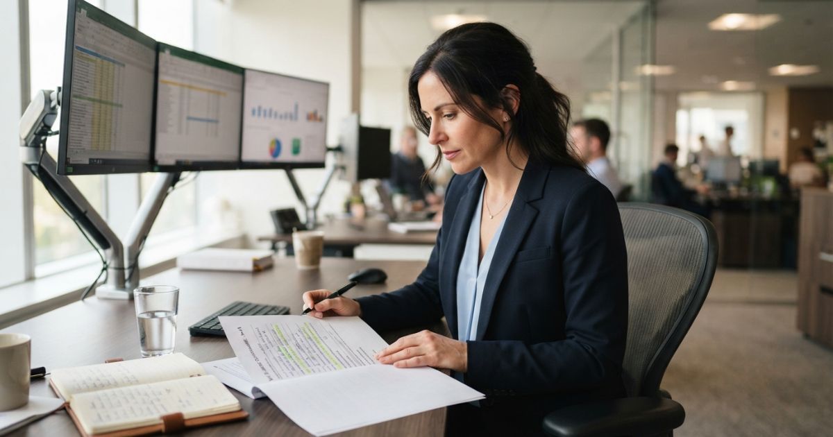 Compliance professional reviewing a due diligence questionnaire at a desk