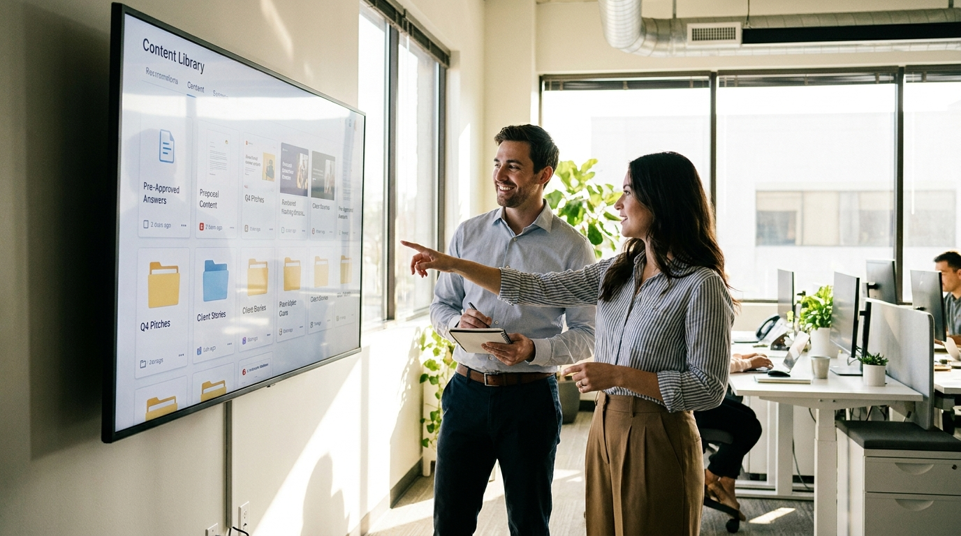 Two colleagues reviewing a content library of approved answers on a screen