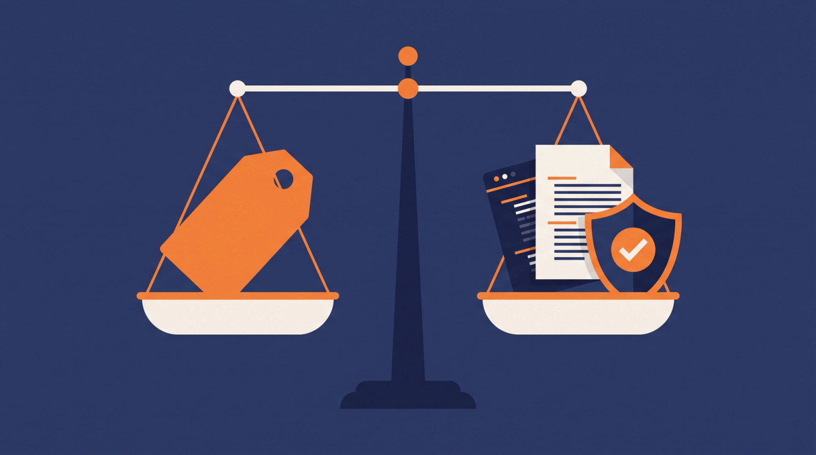 Balance scale weighing a price tag against technical documents and a checkmark shield
