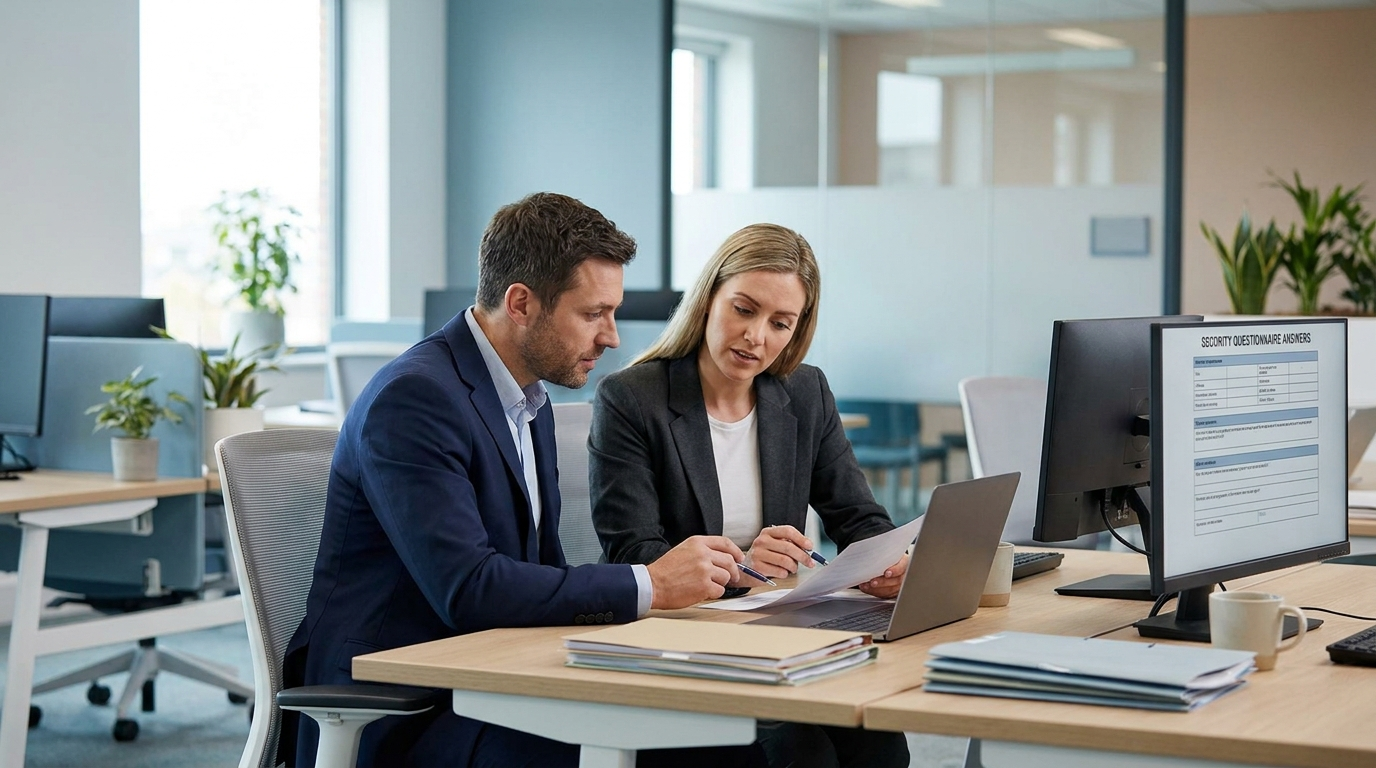 Two security team members reviewing questionnaire answers together at a desk