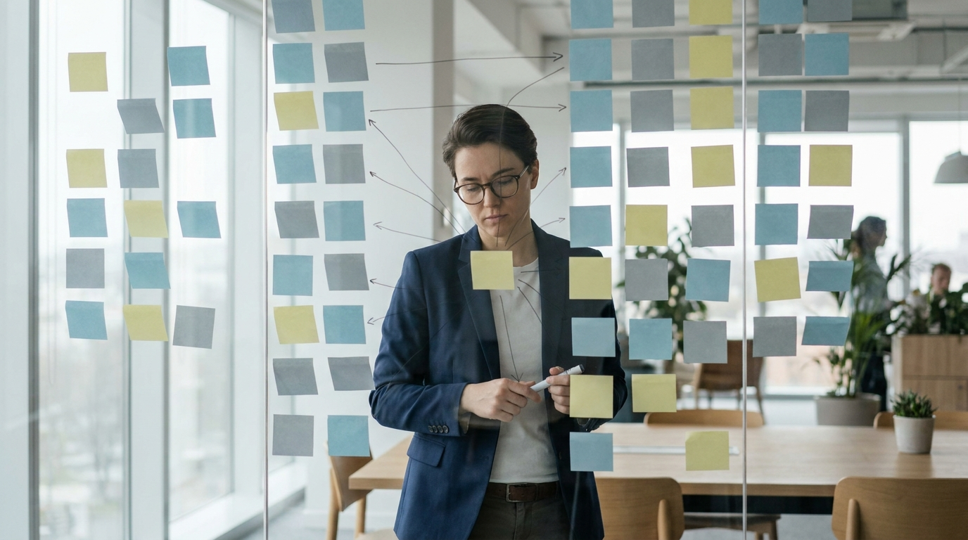 Person connecting problems to solutions with lines across a wall of sticky notes