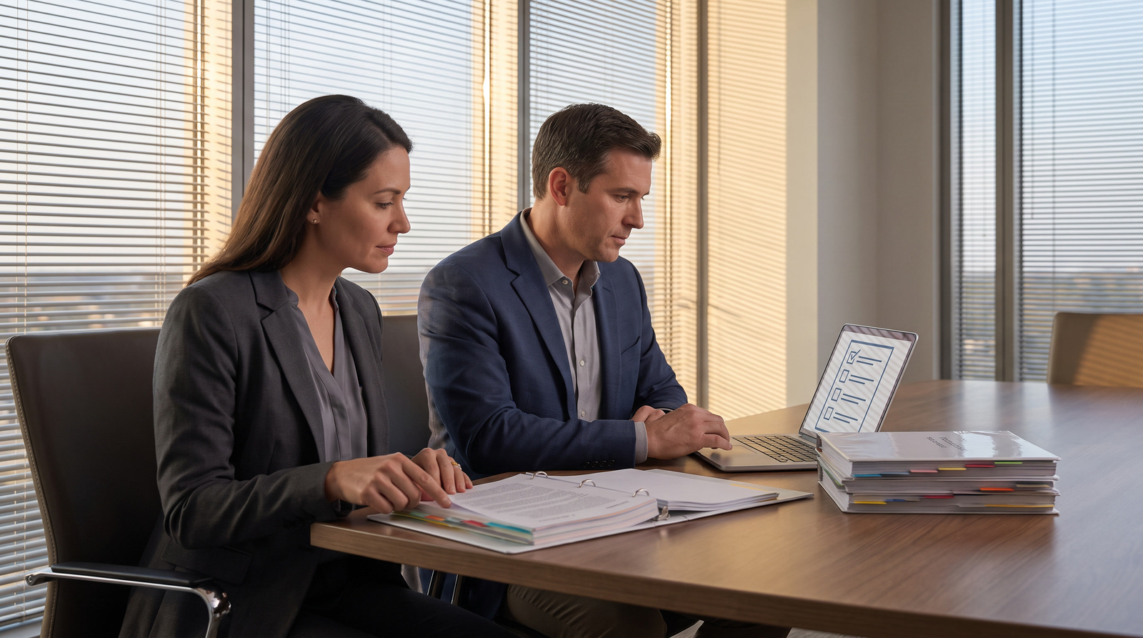Two proposal team members reviewing a compliance checklist on a laptop beside stacked printed volumes