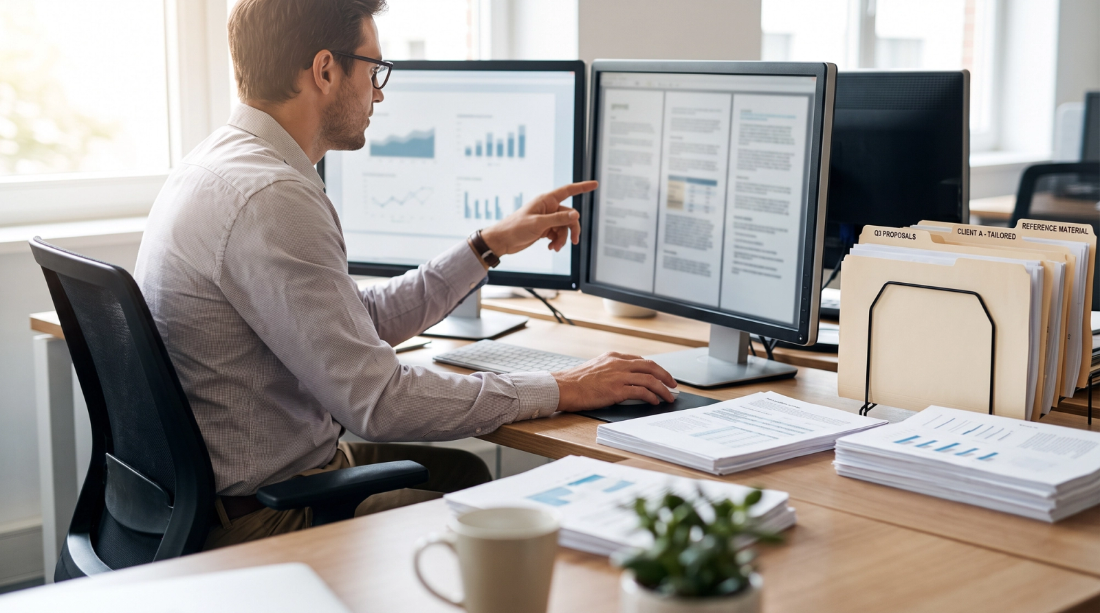 Proposal manager at a dual monitor workstation comparing several tailored one page documents