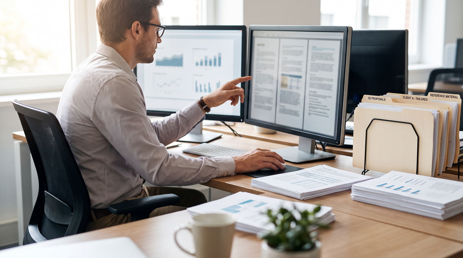 Proposal manager at a dual monitor workstation comparing several tailored one page documents