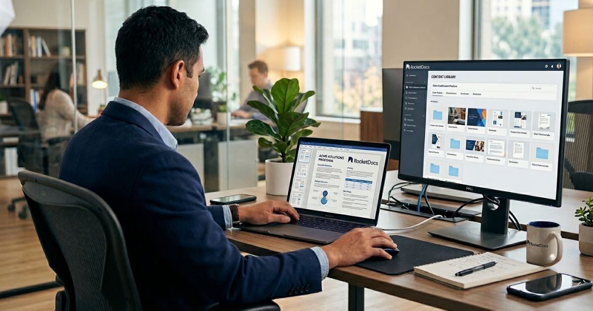 Sales professional reviewing a branded proposal on a laptop with a content library open on a second monitor