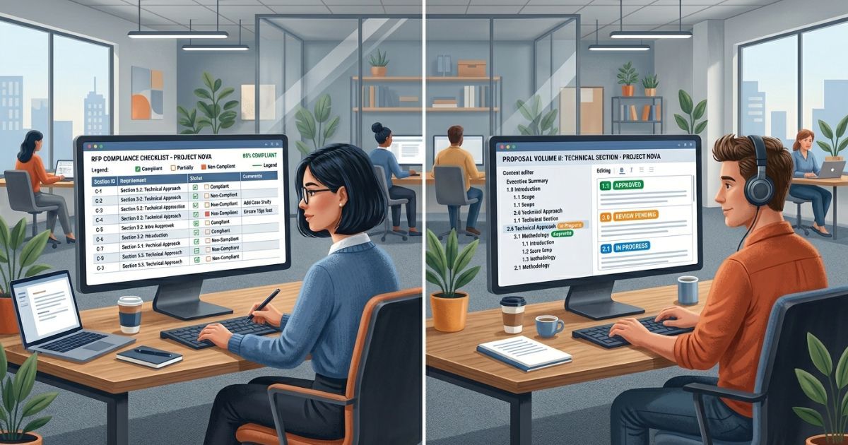Two proposal team members reviewing compliance sections on separate monitors in a shared workspace