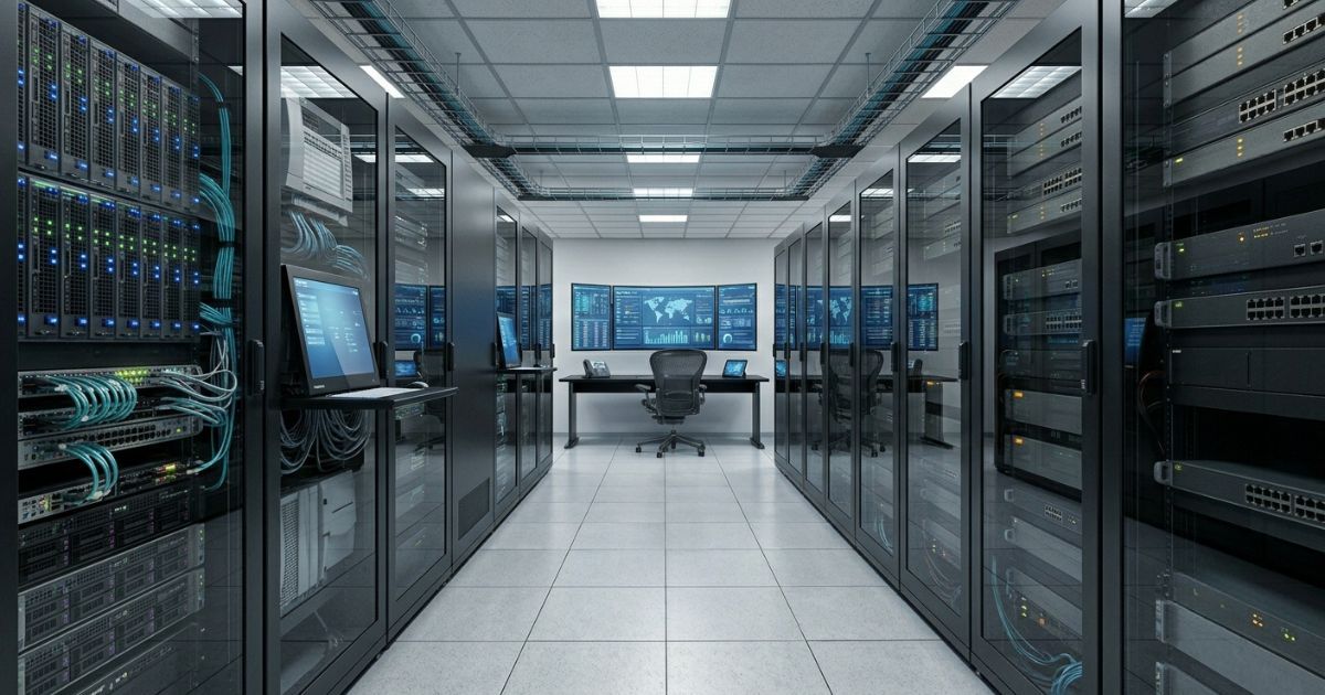 Rows of illuminated server racks in a secure data center viewed from a low aisle angle