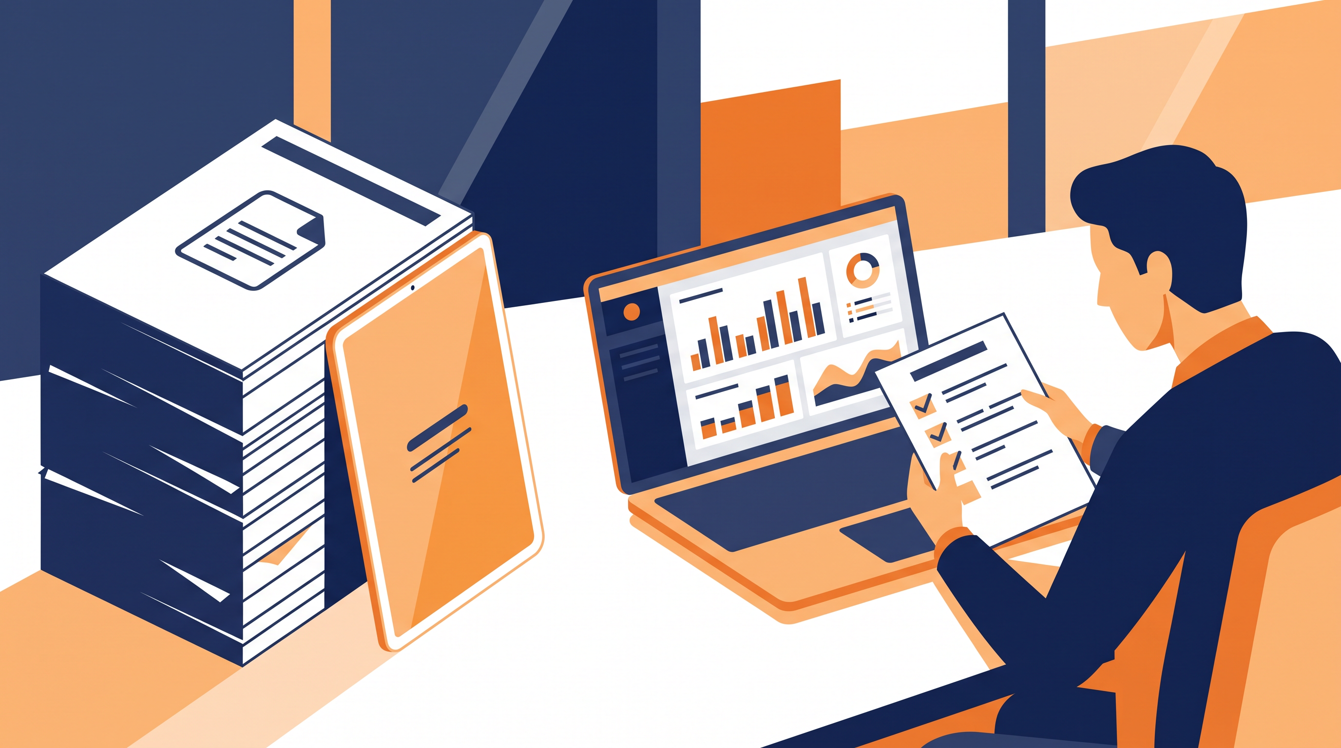 Bank analyst reviewing a printed checklist beside a laptop while an older stack of guidance is replaced by a slimmer document