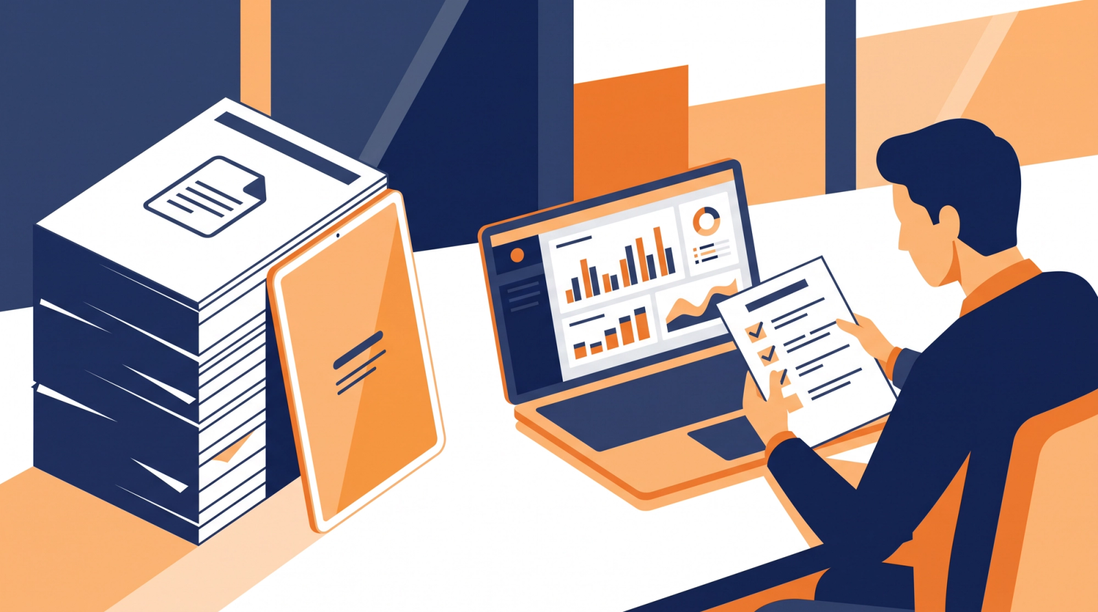 Bank analyst reviewing a printed checklist beside a laptop while an older stack of guidance is replaced by a slimmer document