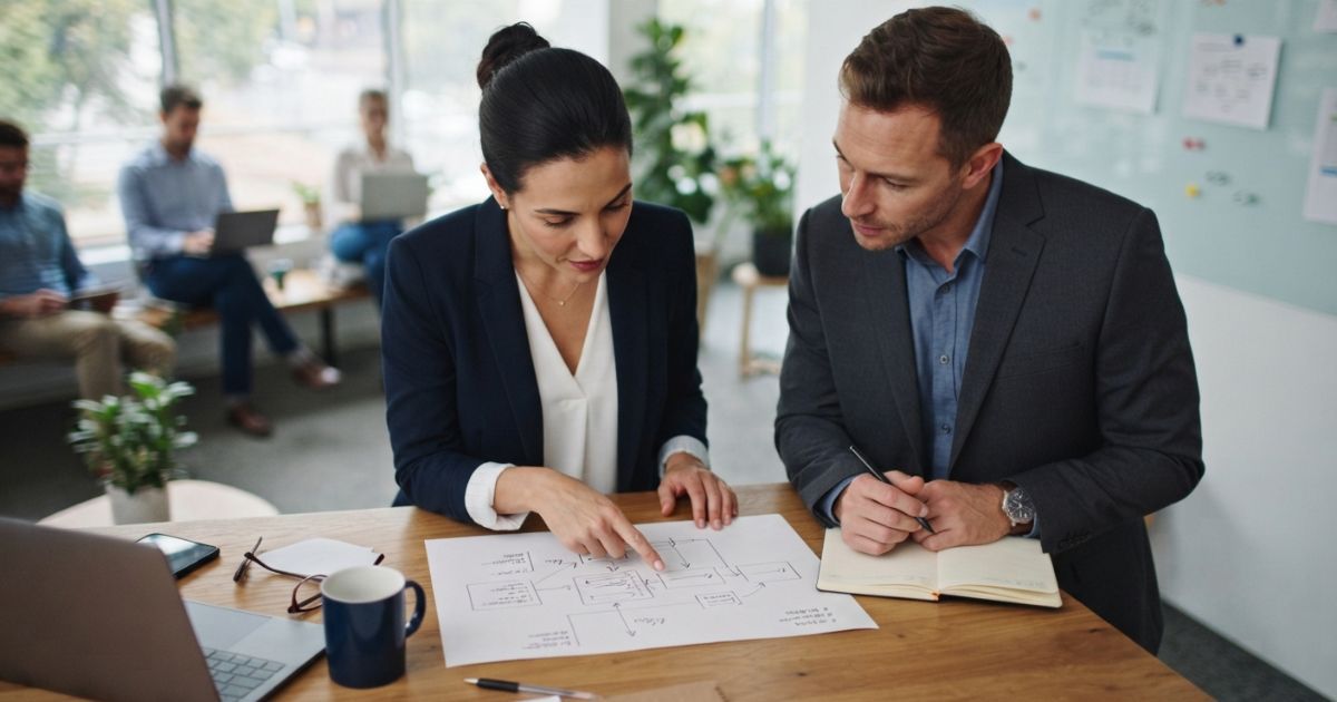 Two colleagues discussing a procurement decision framework at a whiteboard