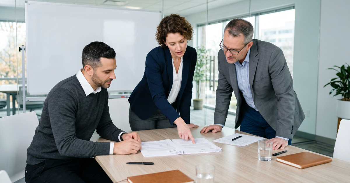 Three professionals in a conference room reviewing a completed proposal document together