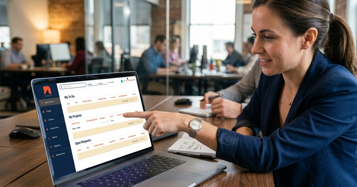 Close up of a project manager pointing at a task tracking dashboard on a laptop screen showing assigned owners and deadlines