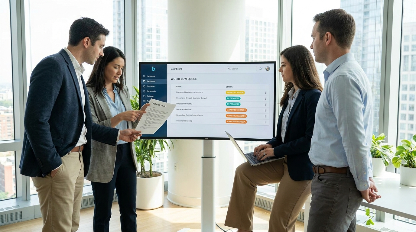 Four colleagues reviewing separate sections of a proposal together on a shared monitor with a review queue
