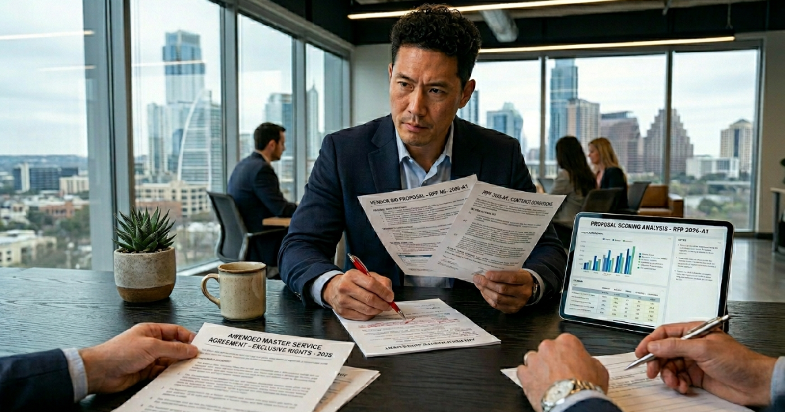Procurement officials reviewing bid documents around a conference table
