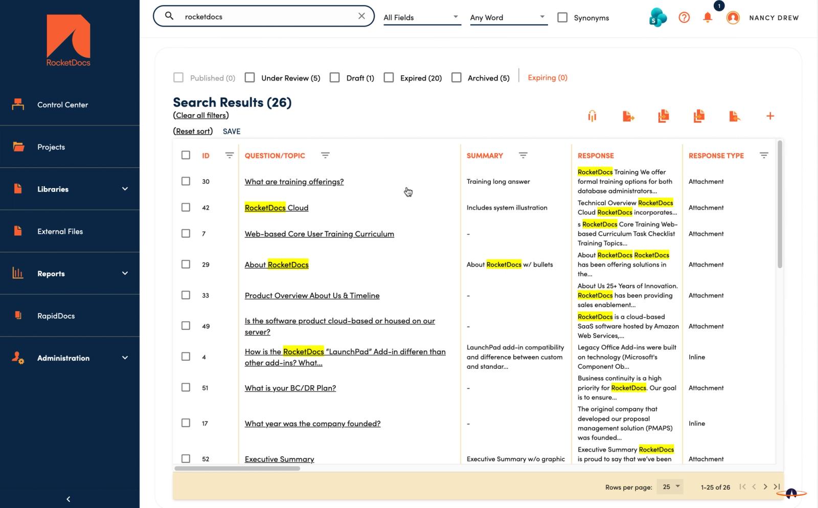 RocketDocs content library search results showing published, expired, and archived content status filters