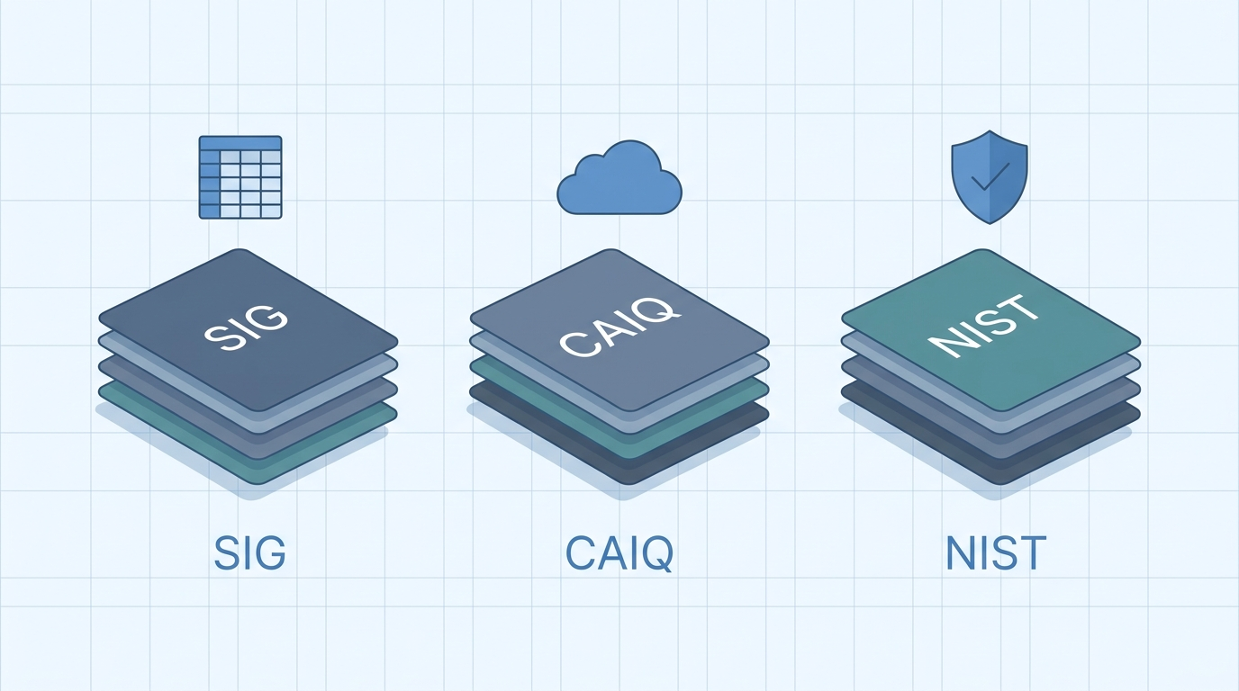 Three security questionnaire frameworks SIG, CAIQ, and NIST shown side by side on screen