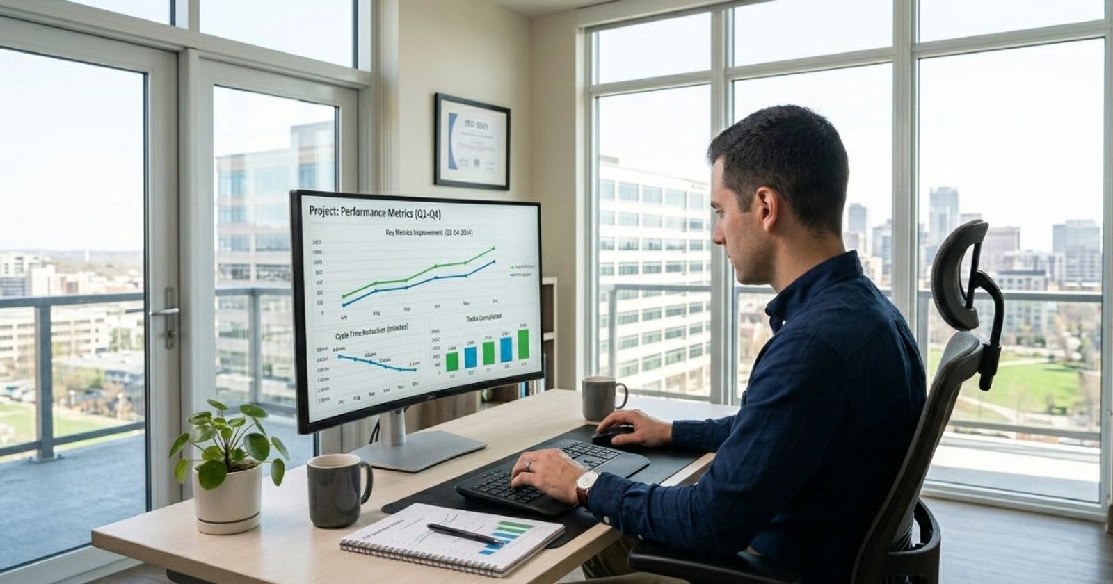 Proposal manager reviewing charts and metrics on a monitor showing response cycle time improvements