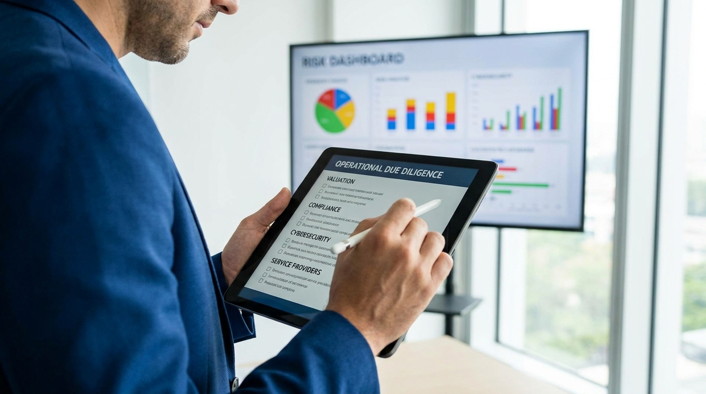 Operational due diligence analyst reviewing a checklist covering valuation, compliance, cybersecurity and service providers