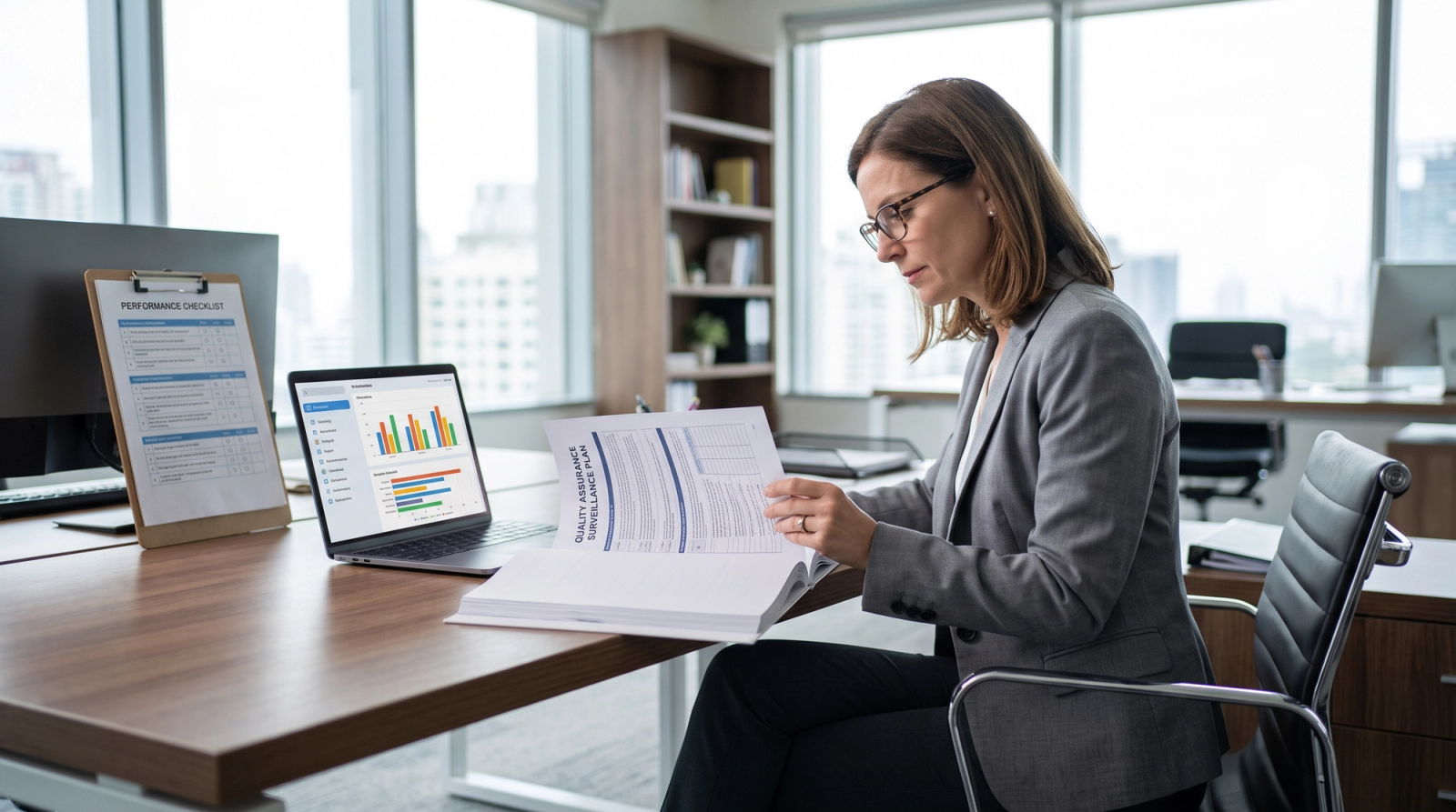 Contracting officer reviewing a surveillance plan document with performance charts on a laptop screen