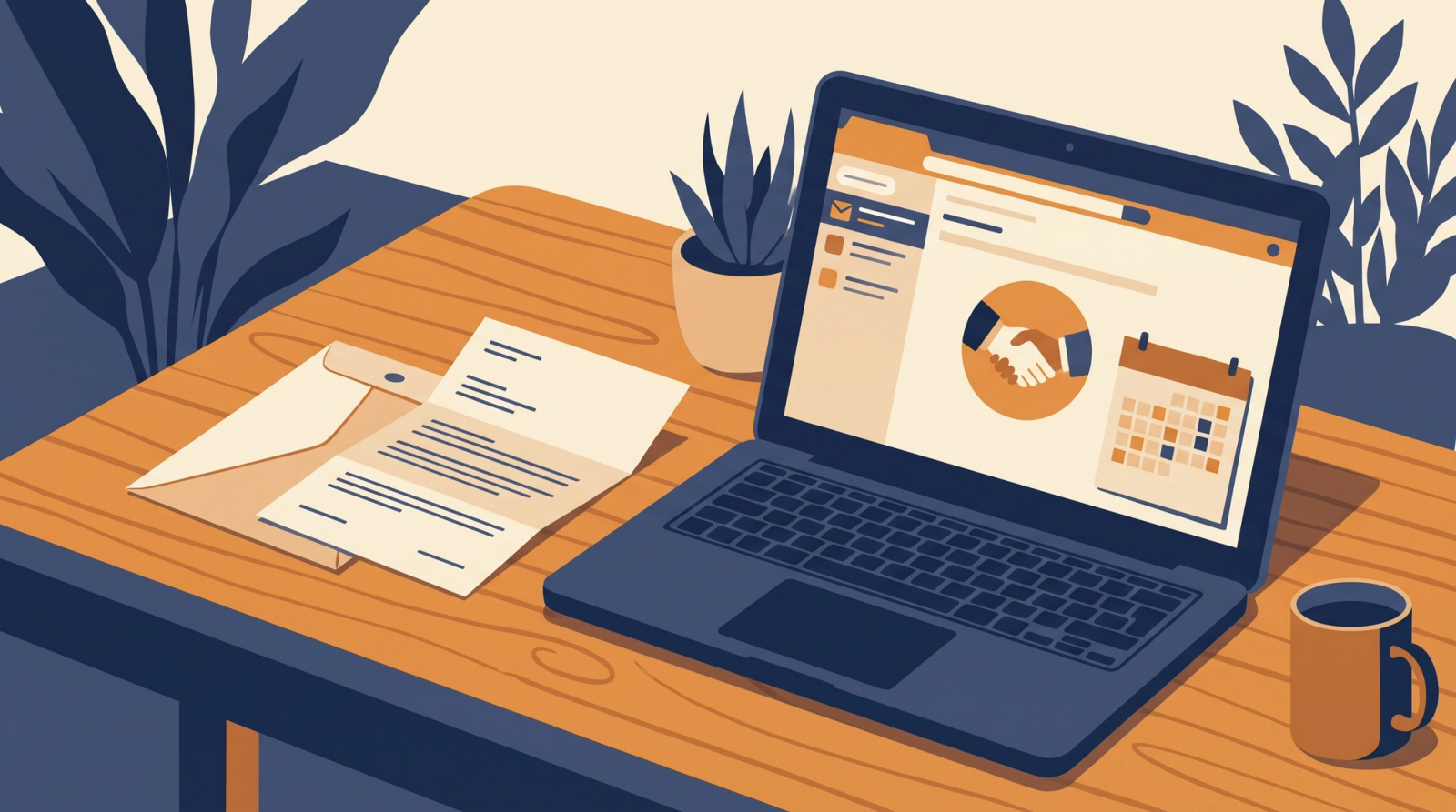 Business letter on a desk beside a laptop showing an email draft, with a handshake icon and a calendar page